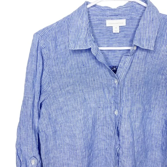 Charter Club linen blue striped shirt size medium EUC i - Picture 3 of 4